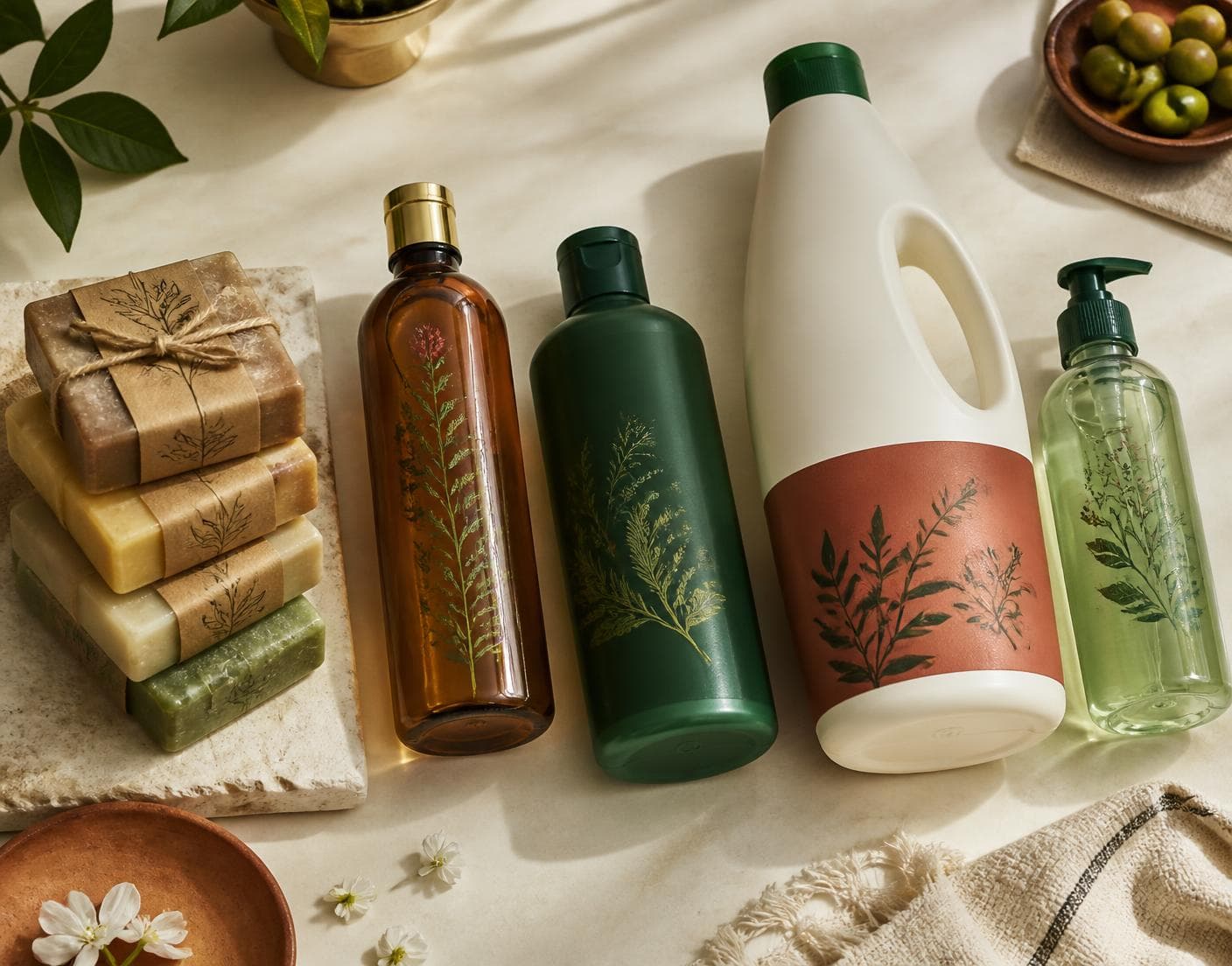 A collection of SriTraders soaps, hair oil, shampoo, floor cleaner and hand wash arranged on an ivory surface